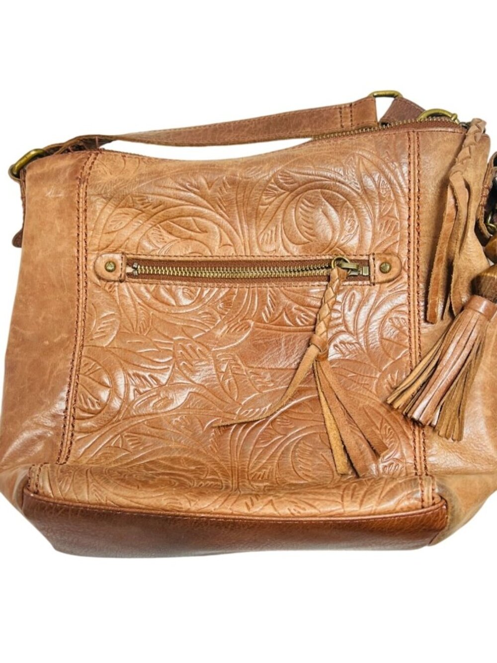 The Sak Ashland Leather Crossbody Bag - Tobacco Floral Embossed - Boho Tassel